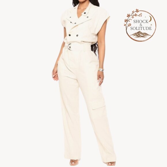 Fashion Nova Pants - NWT Fashion Nova Cream Belted Utility Jumpsuit – Size S